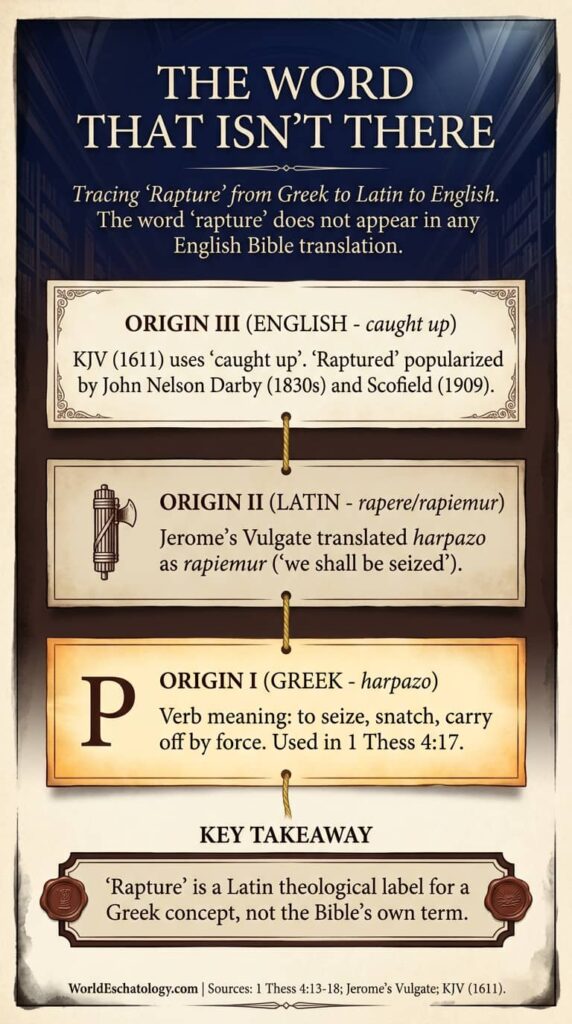 "Rapture" meaning in the Bible: "harpazo" (Greek), "harpazo" (Latin), "harpazo" (English etymology)